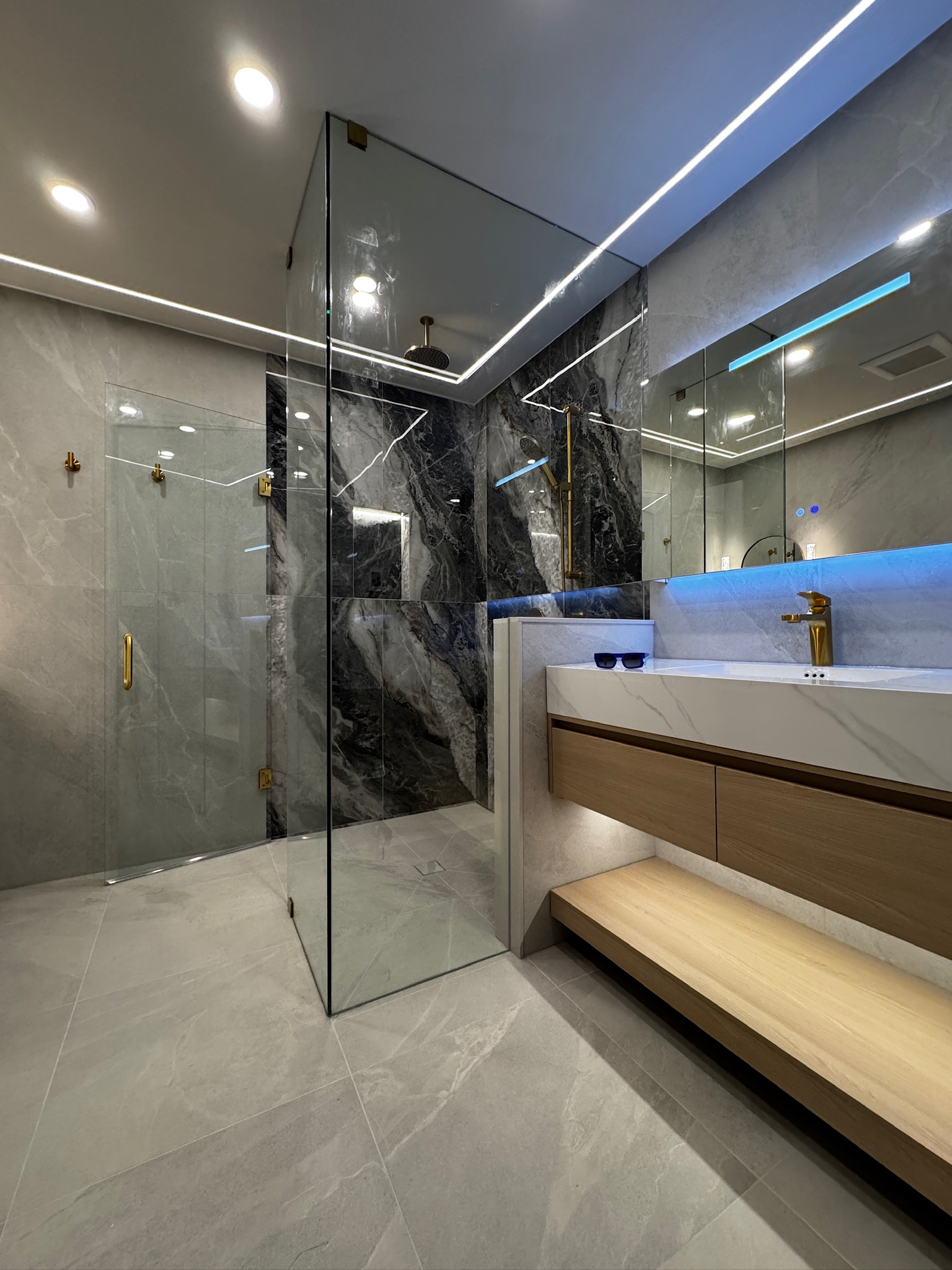 Marble-Look Shower & Floating Vanity — completed Any Bathroom project